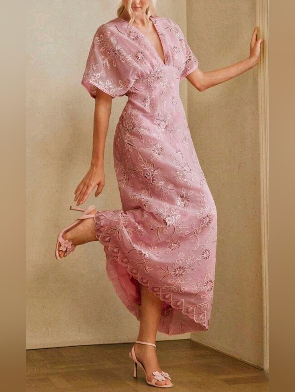 New Flowy Sequin Embroidered Lace Dolman Sleeve High Waist Maxi Dress Pink
